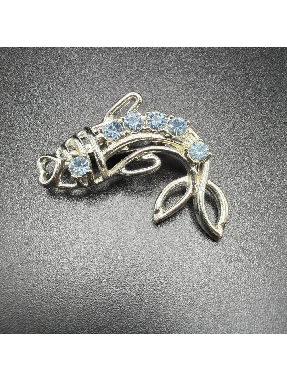 Vintage Silver Tone Fish Brooch with Light Blue Rhinestones